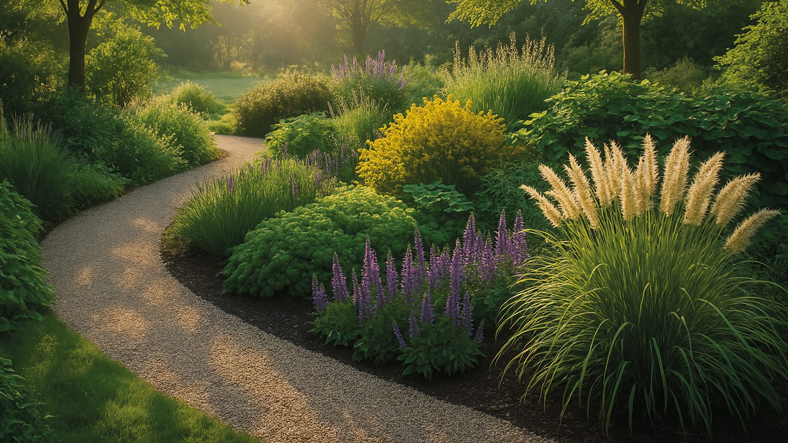 Kronkelend pad door parkachtige tuin met palmgrassen, dropplant en siergrassen in ochtendzon