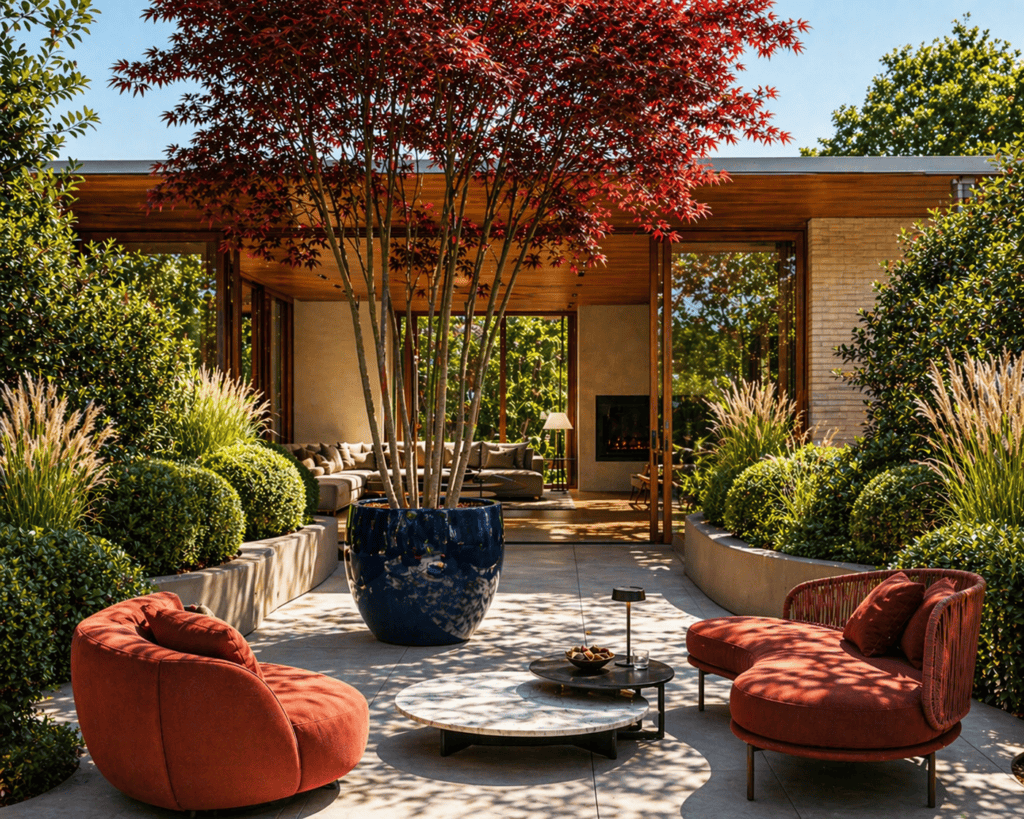 Mid-Century terrace with red acer