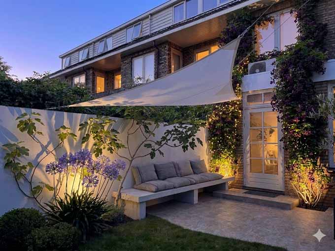 Terras met buitenbank in Ibiza stijl 's avonds